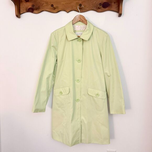 VTG Y2K Mint Green Floral-Button Down Collared Heavy Trench Rain Coat Spring - Picture 1 of 5